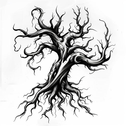 Stylized tattoo sketch of gnarled tree roots with dramatic curves