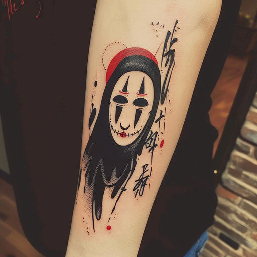 Cultural flat tattoo sketch of No-Face with traditional Japanese calligraphy