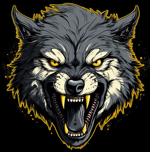 Angry wolf head, silver and dark yellow