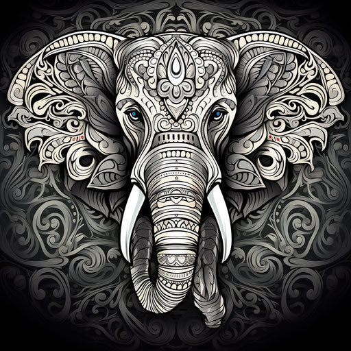 Elephant print coloring page, ominous vibe style