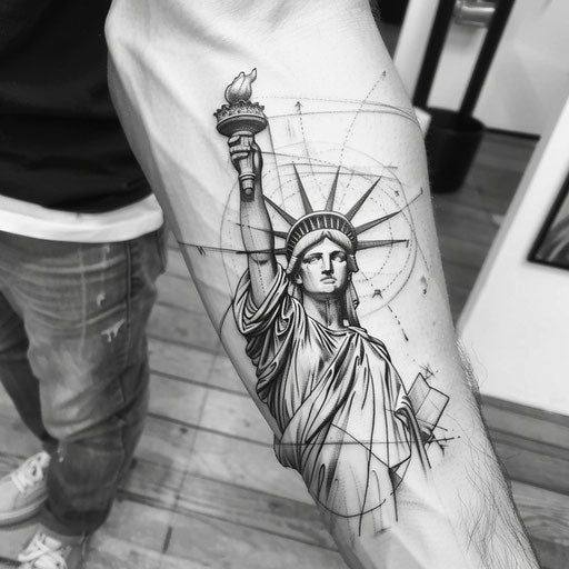 Fine line tattoo sketch of the Statue of Liberty with realistic shading