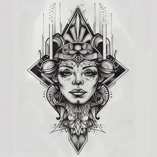 Flat tattoo sketch inspired by Art Deco with a soul surrounded by symmetrical and elegant designs