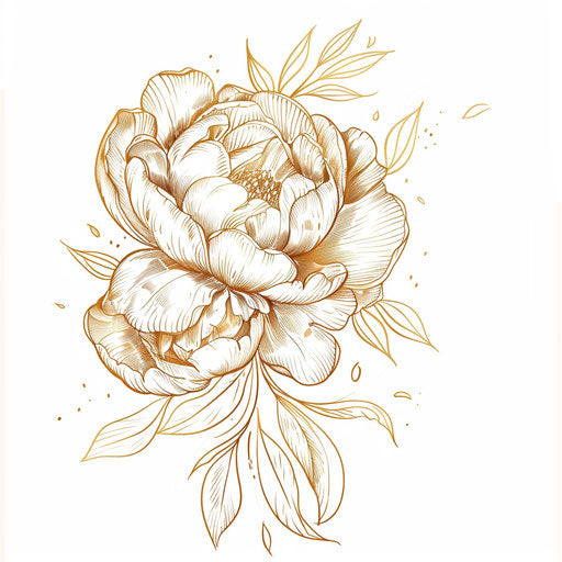 Flat tattoo sketch of a beautiful peony in gold ink