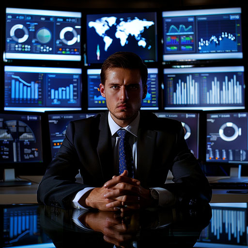 Businessman analyzing complex data on screens