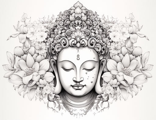 Buddha and flowers tattoo design in intricate dotwork