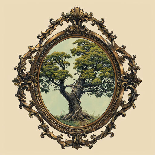 Reflective tattoo sketch: mirror wise old tree greens browns