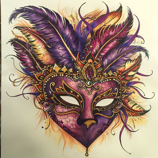Festive tattoo sketch of a masquerade mask with feathers and glitter, in rich purples and golds, styled in an ornate clipart design