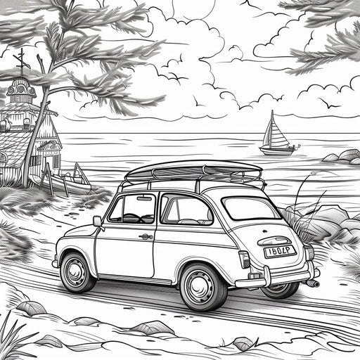 Car with surfboard on the beach