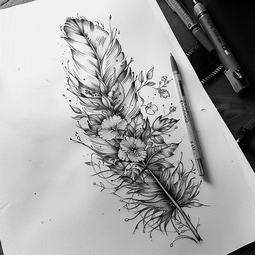 Sketch of feather tattoo with nature elements