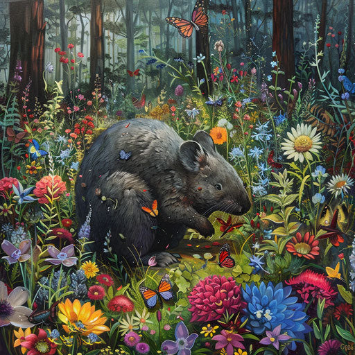 A playful wombat chasing butterflies in a colorful wildflower garden in the heart of the forest