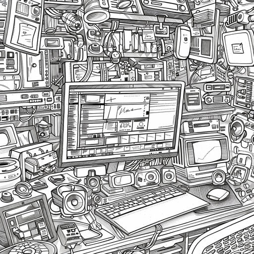 Detailed computer setup with open creative design software. Coloring book page