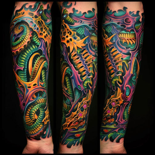 Biomechanical tattoo with vibrant colors, in the style of Guy Aitchison