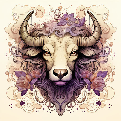 Hand-drawn vector of a taurus in violet and beige style