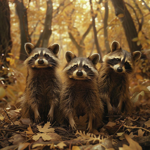 Raccoons standing majestically in a forest clearing