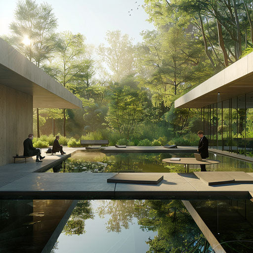 Serene corporate retreat in natural setting, executives brainstorm by lakeside