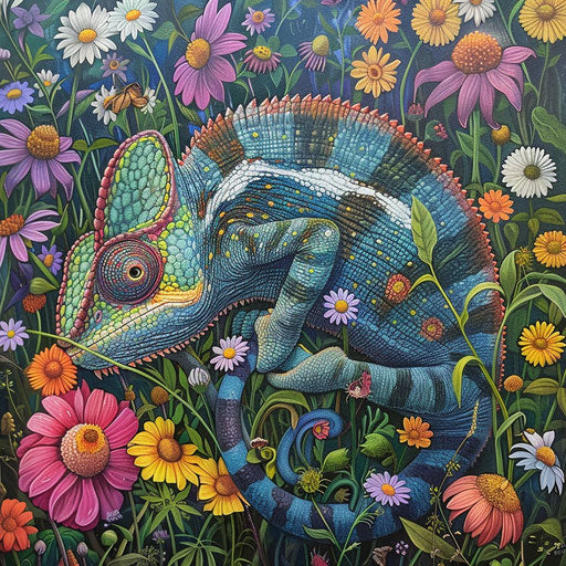 Chameleon in wildflower meadow blending with blooms