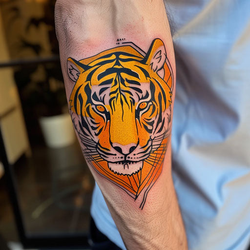 Bold flat tattoo sketch of a neon tiger with striking yellow and orange stripes