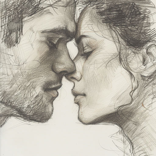 Pencil sketch of two lovers touching foreheads