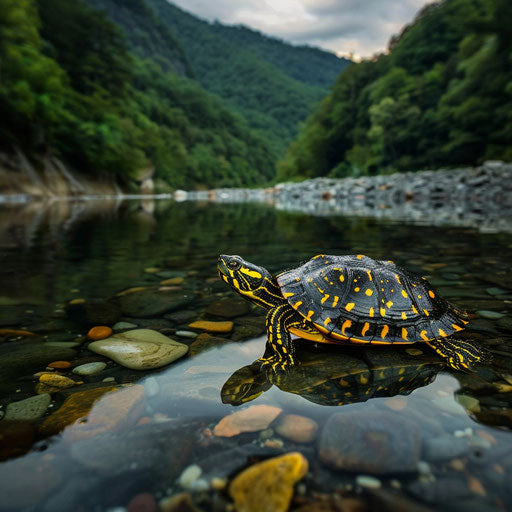 Reflection of a yellow spotted turtle in the clear water of a mountain stream