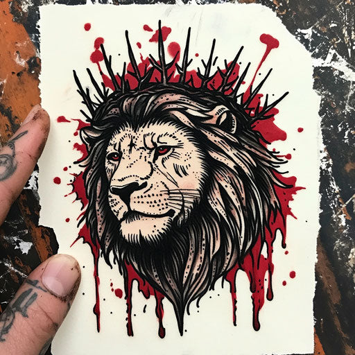 Lion tattoo sketch with black and red crown of thorns