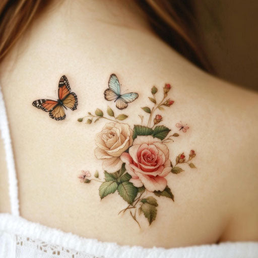 Rose tattoos for women with delicate butterfly accents in the style of Maria Sibylla Merian