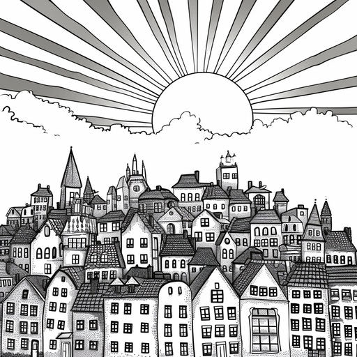City at sunrise, coloring page