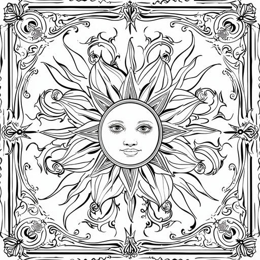 Vintage sun with ornate details. Coloring book page