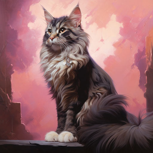 Black and white cat, in the style of light brown and magenta, hyper-realistic animal illustrations, petcore, dignified poses, manticore, loose paint application