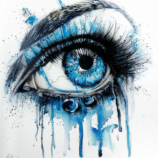 Curse mark tattoo of a tearful eye, symbolizing sorrow and foresight, in blues and blacks on a pure white backdrop.