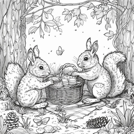 Rabbit and squirrel picnic in the woods