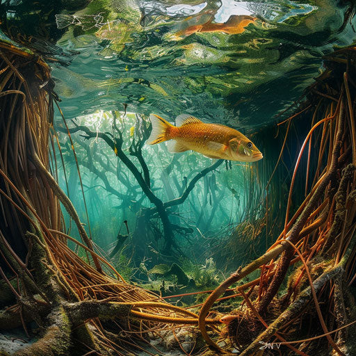 A fish making its home among the roots of a mangrove tree, a hidden world beneath the waves.