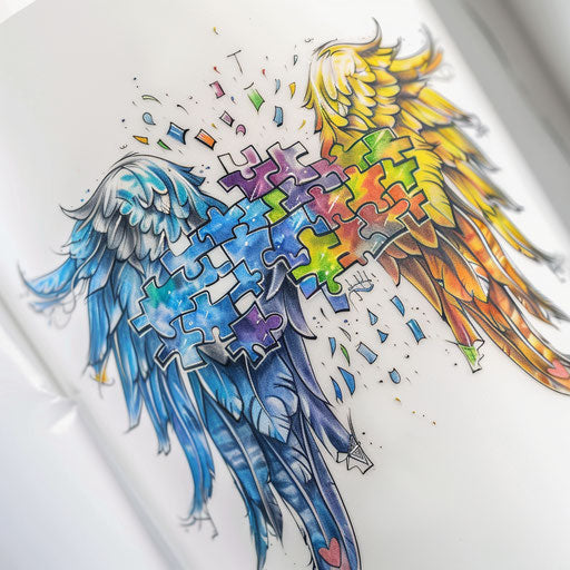 Guardian angel with autism puzzle pieces wings