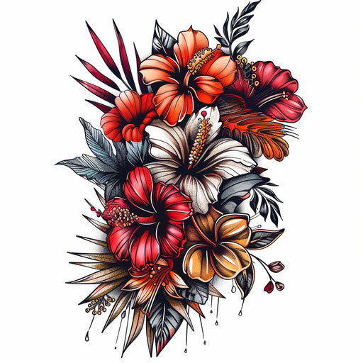 Sketch of exotic flower bouquet in red and gold tones