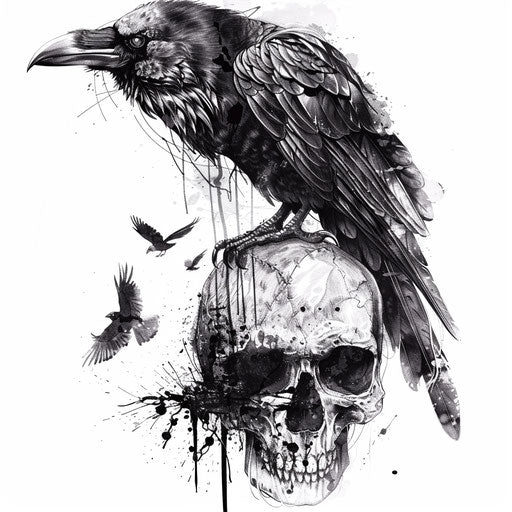 Gothic raven tattoo on a skull