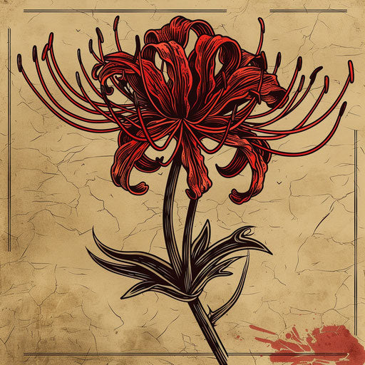 Vintage red spider lily with intricate line work