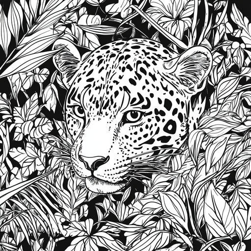 Jaguar prowling through a dense jungle, Jen Bartel style, coloring page