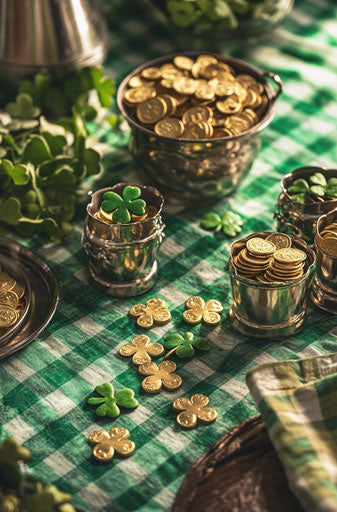 Green and white plaid tablecloths with pots of gold coins, shamrock cookies