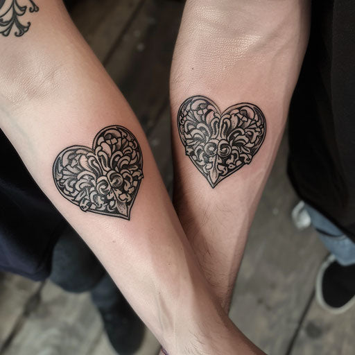 Matching heart tattoos with intricate patterns