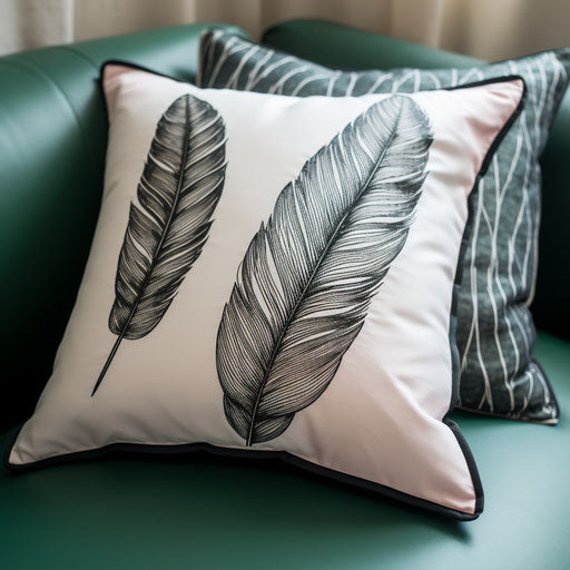 Black and white feather print pillow, realistic detail