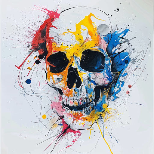 Abstract skull with fluid art and splatter effects