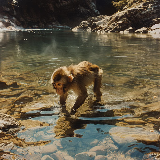 Rhesus monkey near a clear, flowing river