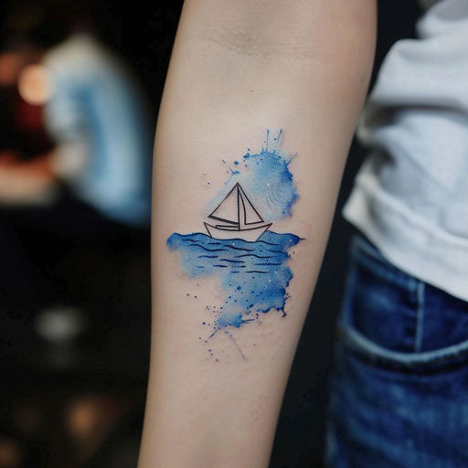 Chic minimalist tattoo sketch of a paper boat floating on a watercolor blue sea