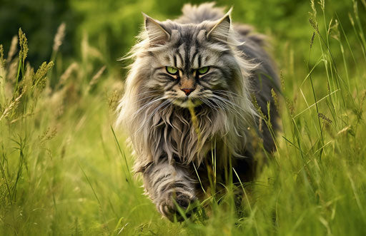 Gray long haired cat walking on grass