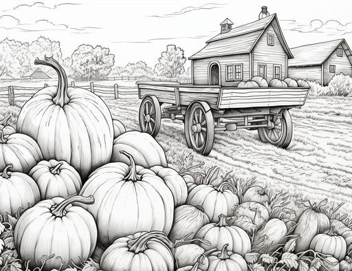 Pumpkin patch coloring page with a variety of pumpkins in garden