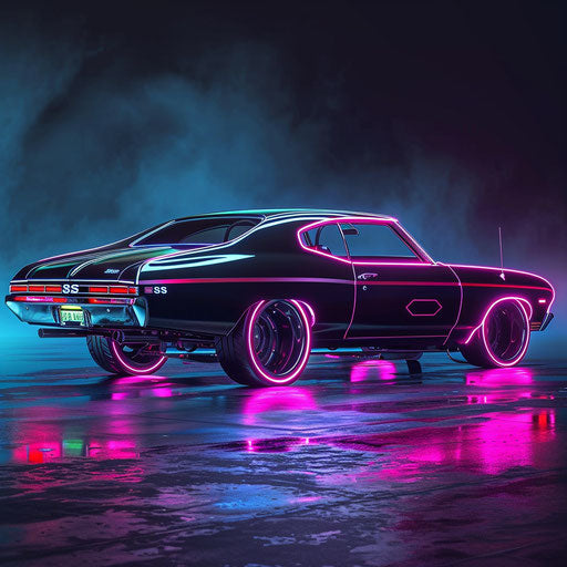 1969 Chevrolet Chevelle SS with neon accents and retro-futuristic aesthetic