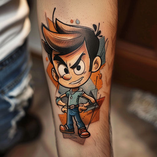 Simple tattoos for men of a cartoon character, in the style of Steve Sack