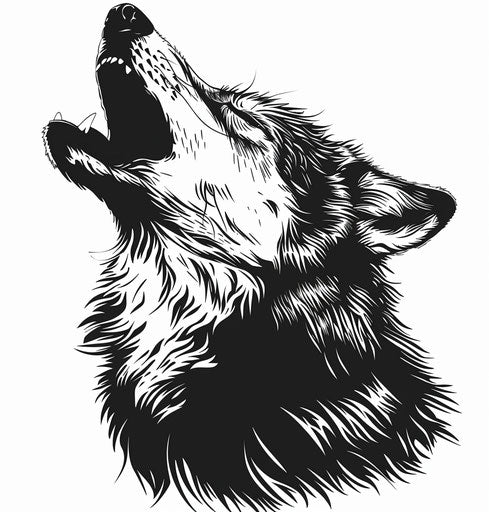 Howling wolf in black-and-white, strong facial expression