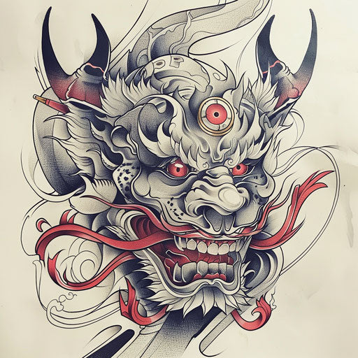Stylish flat Japanese demon tattoo sketch