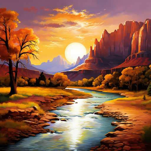 The Zion River on a summer day, AP photo style, richly colored skies, realistic light, Phoenician art, regional gothic.