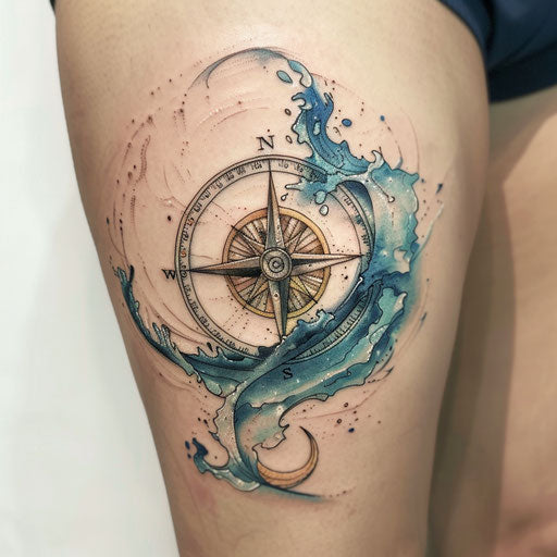 Nautical compass tattoo with ocean waves